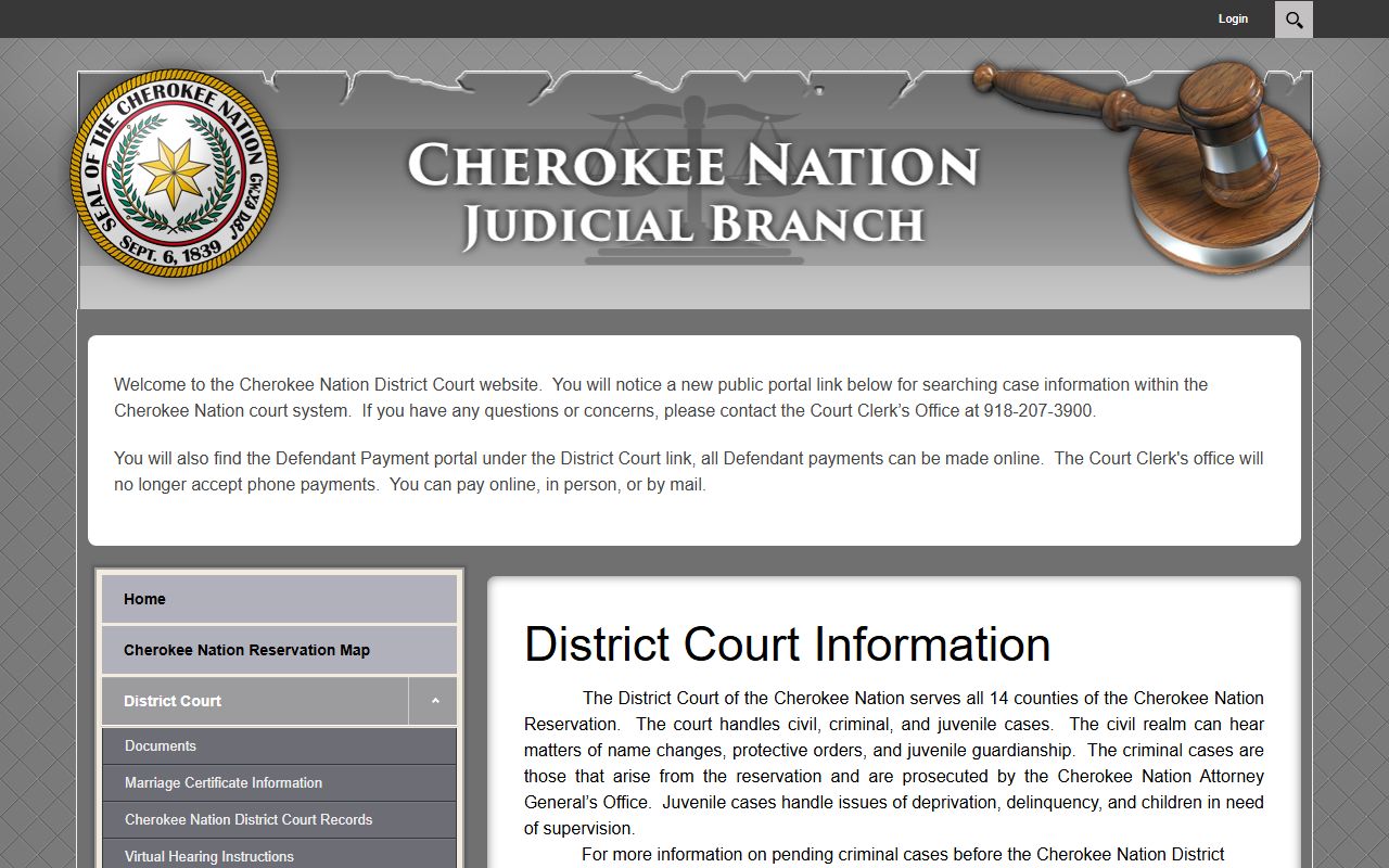 Cherokee County area tribal court records page for the Cherokee Nation District Court clerk