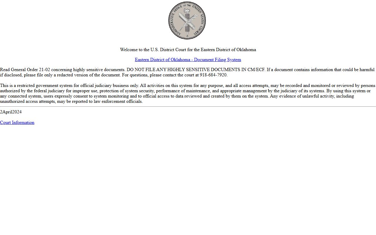 Cherokee County federal court records CM/ECF e-filing login for the Eastern District of Oklahoma