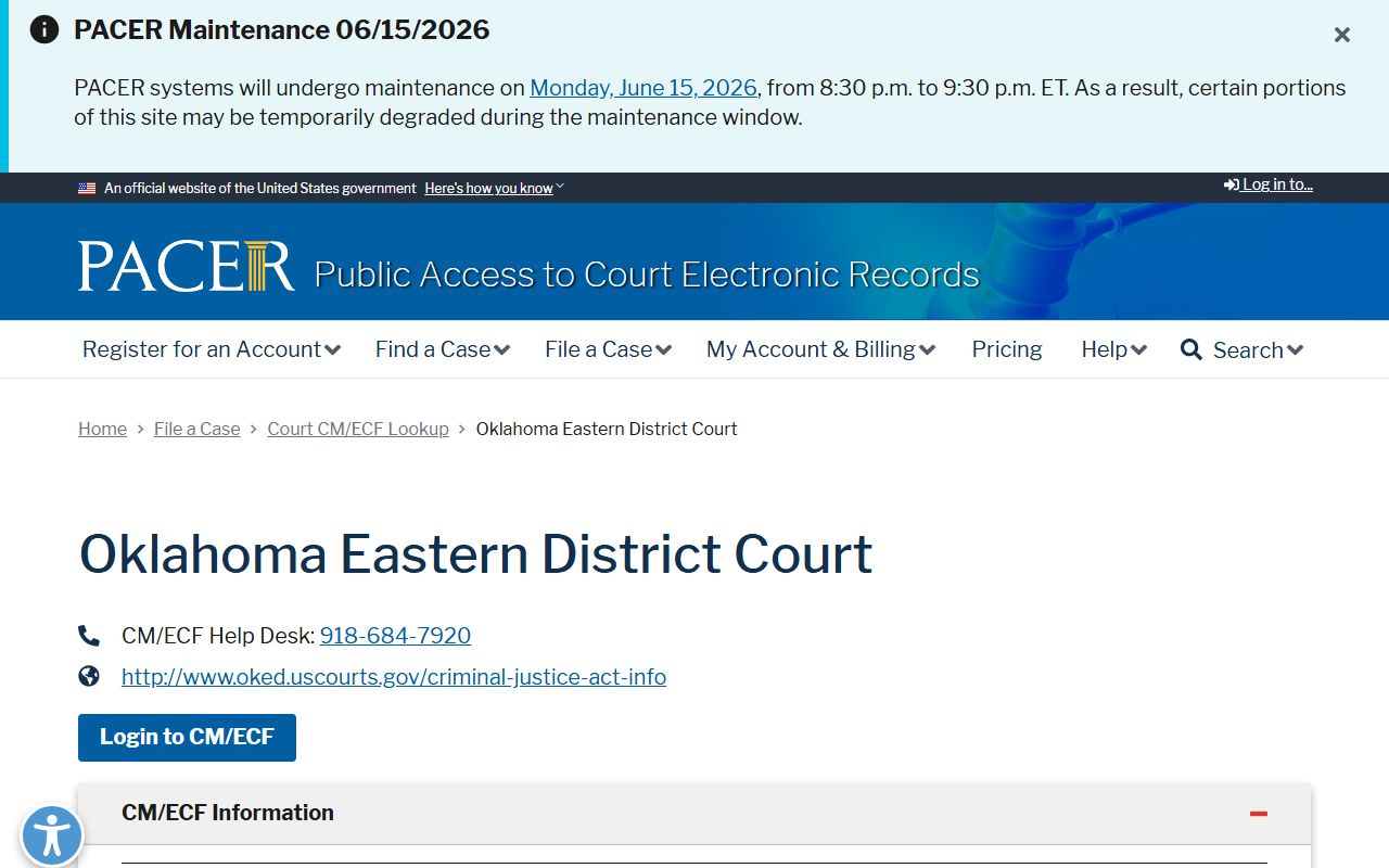 Cherokee County federal court records PACER CM/ECF lookup for the Oklahoma Eastern District