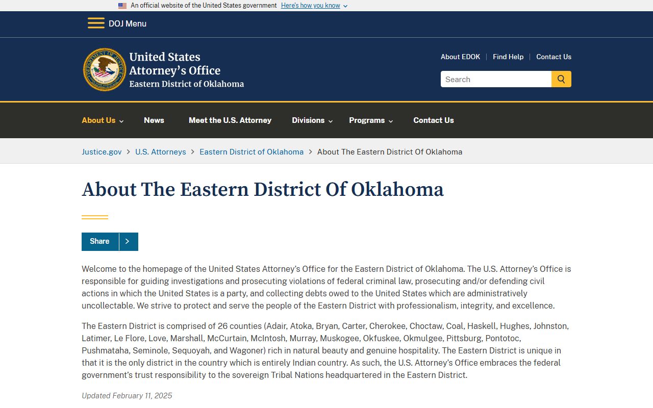 Cherokee County arrest records and court charges in the Eastern District of Oklahoma