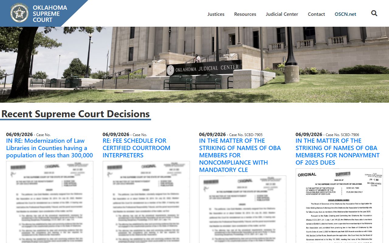 Oklahoma Supreme Court website tied to Cherokee County court dockets and appeals