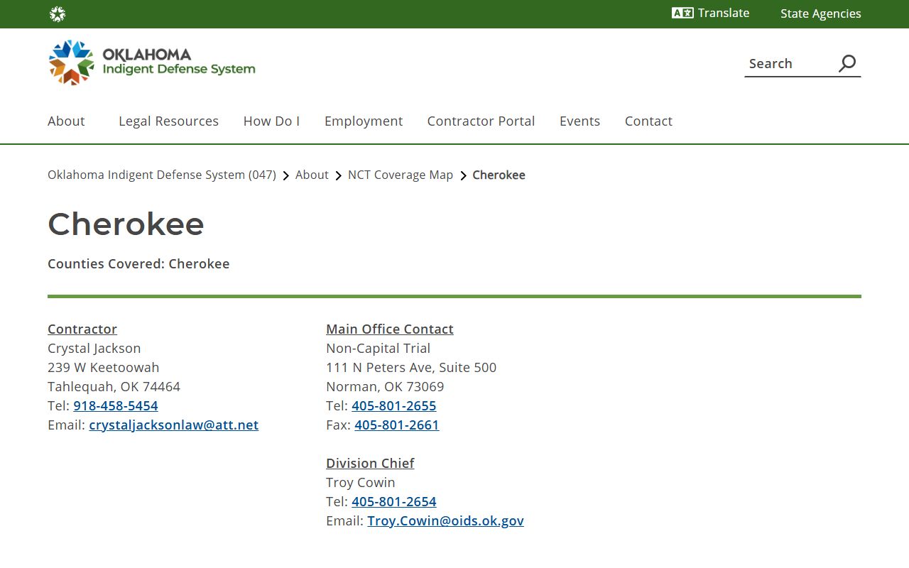 Oklahoma Indigent Defense System page for Cherokee County criminal court records