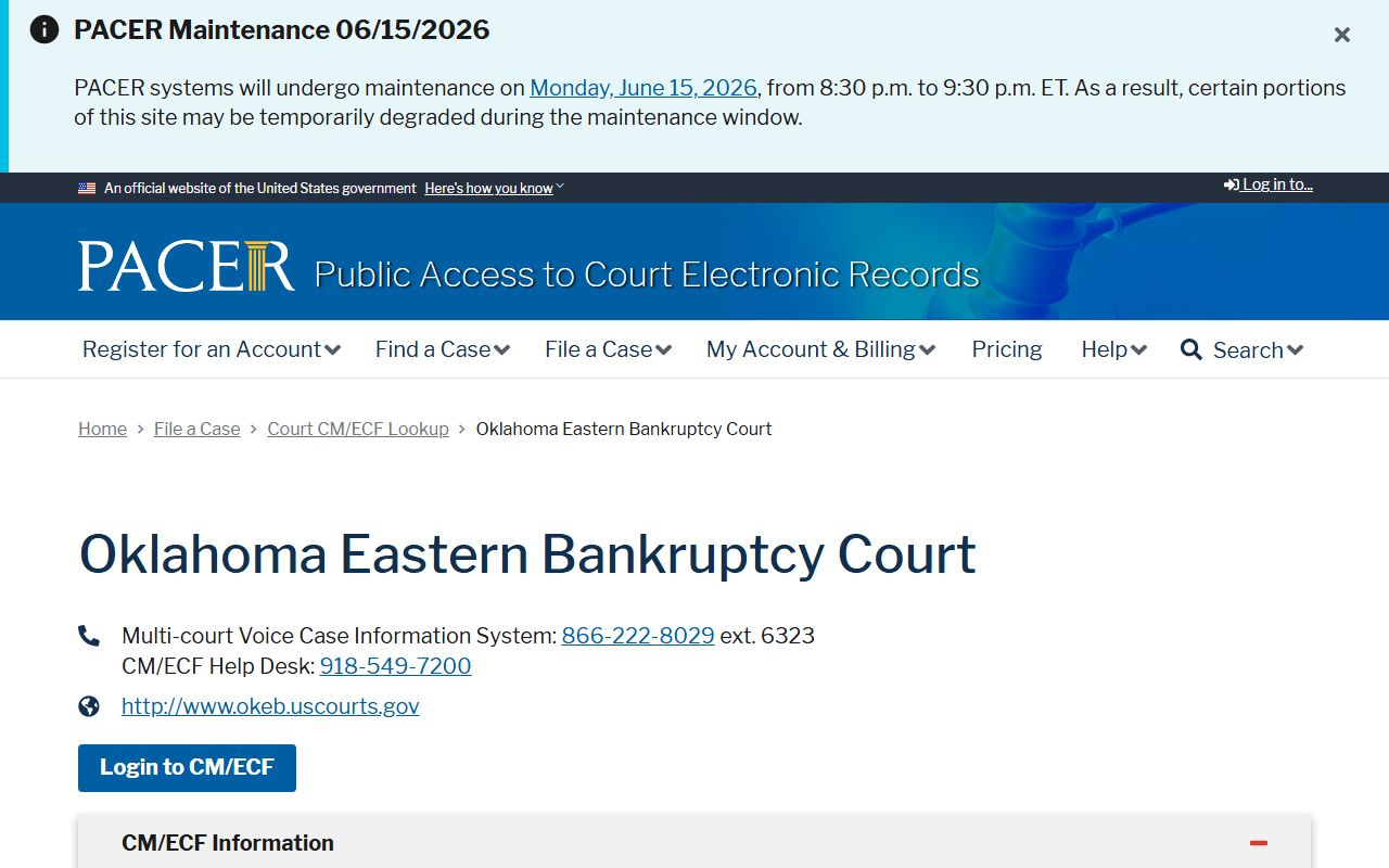 PACER lookup for Eastern District of Oklahoma bankruptcy court Cherokee County court records