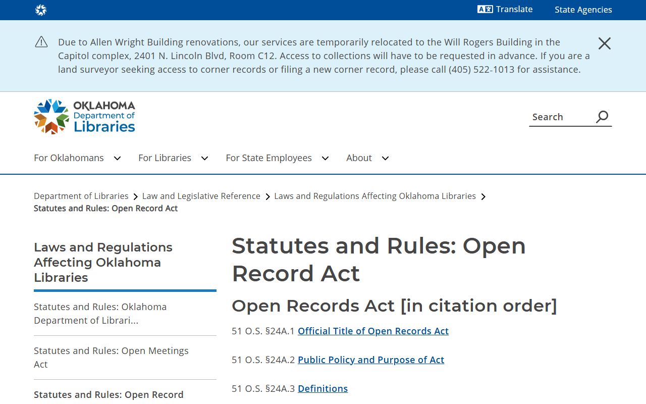 Oklahoma Open Records Act index for court records