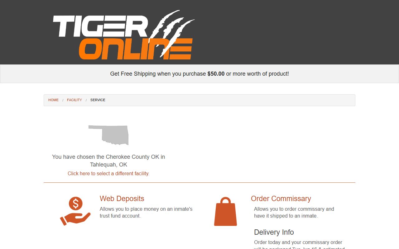 Tiger Commissary deposit and ordering page for Cherokee County inmate accounts