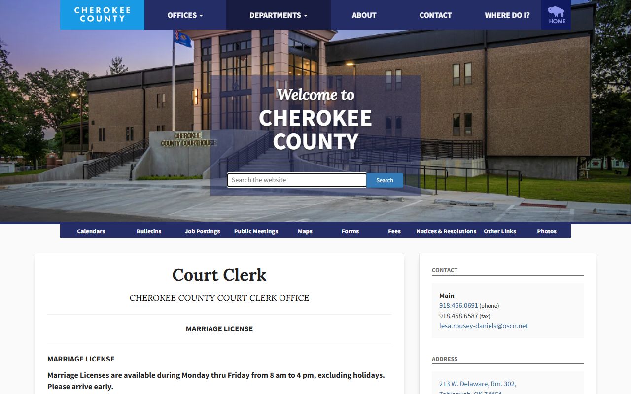 Cherokee County marriage license requirements and fees from the Court Clerk