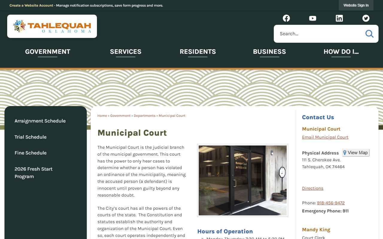 Cherokee County warrant records resource showing the Tahlequah Municipal Court page